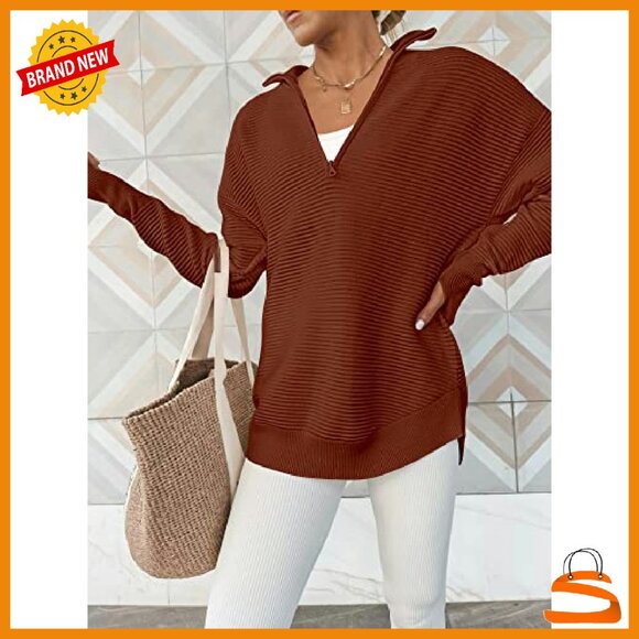 Long Sleeve Quarter Zip Pullover Sweater Ribbed Knit Loose Fit Thumb Hole - Picture 4 of 8